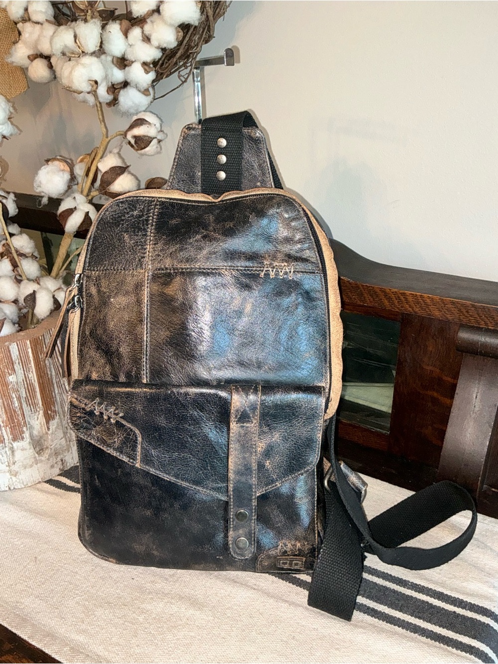 Bed Stu Leather Unisex Boss Sling Backpack Black Lux Retail $300